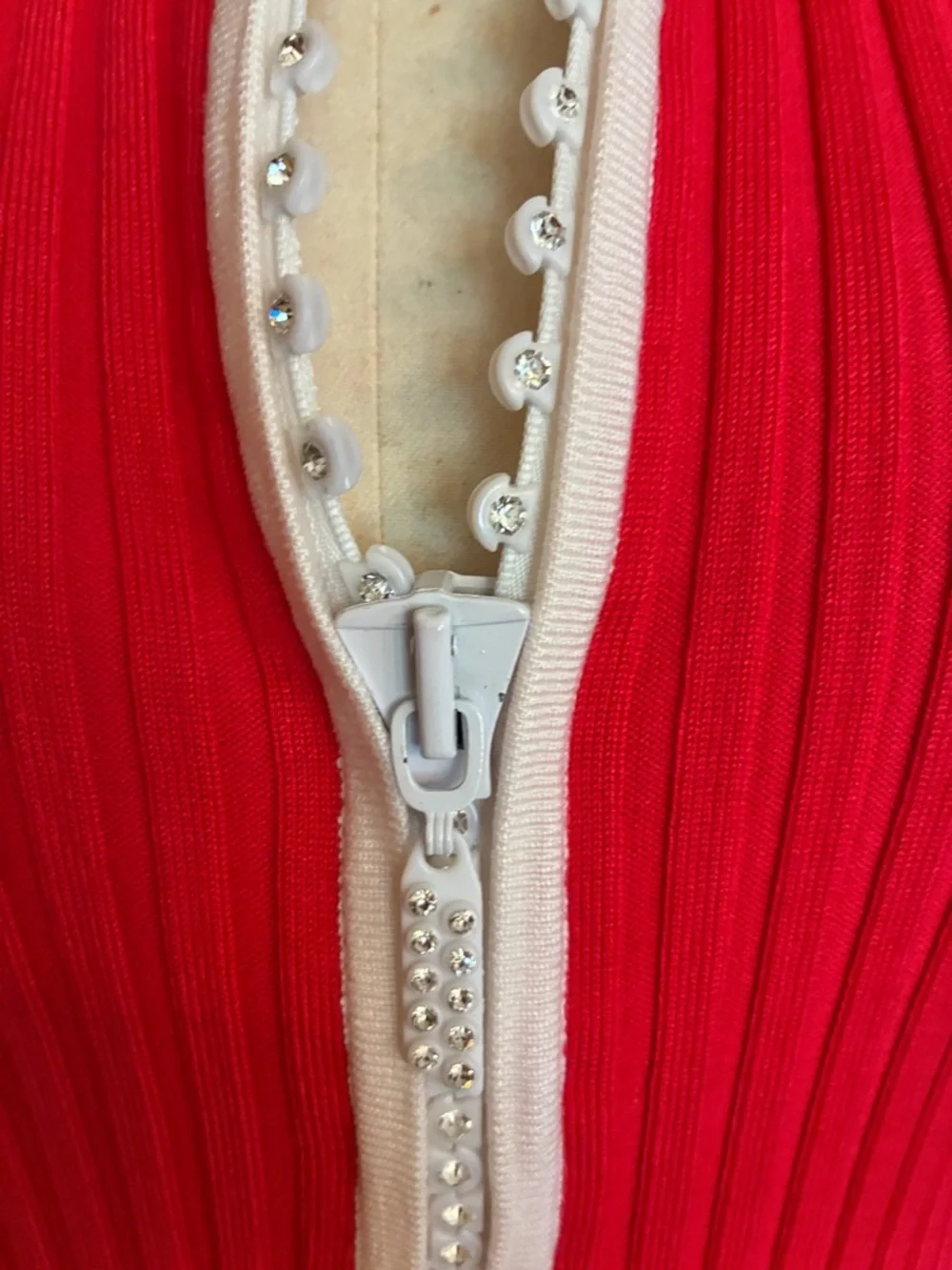 Belldini Coral Knit Cardigan Rhinestone Embellished Zipper White Trim Red Pink - Picture 8 of 10